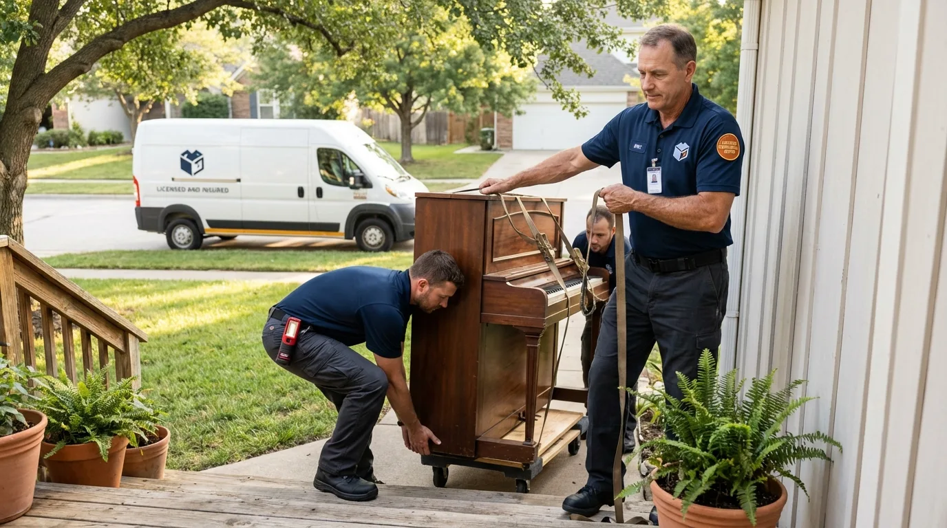 Licensed piano movers securing grand piano in Reese, MI
