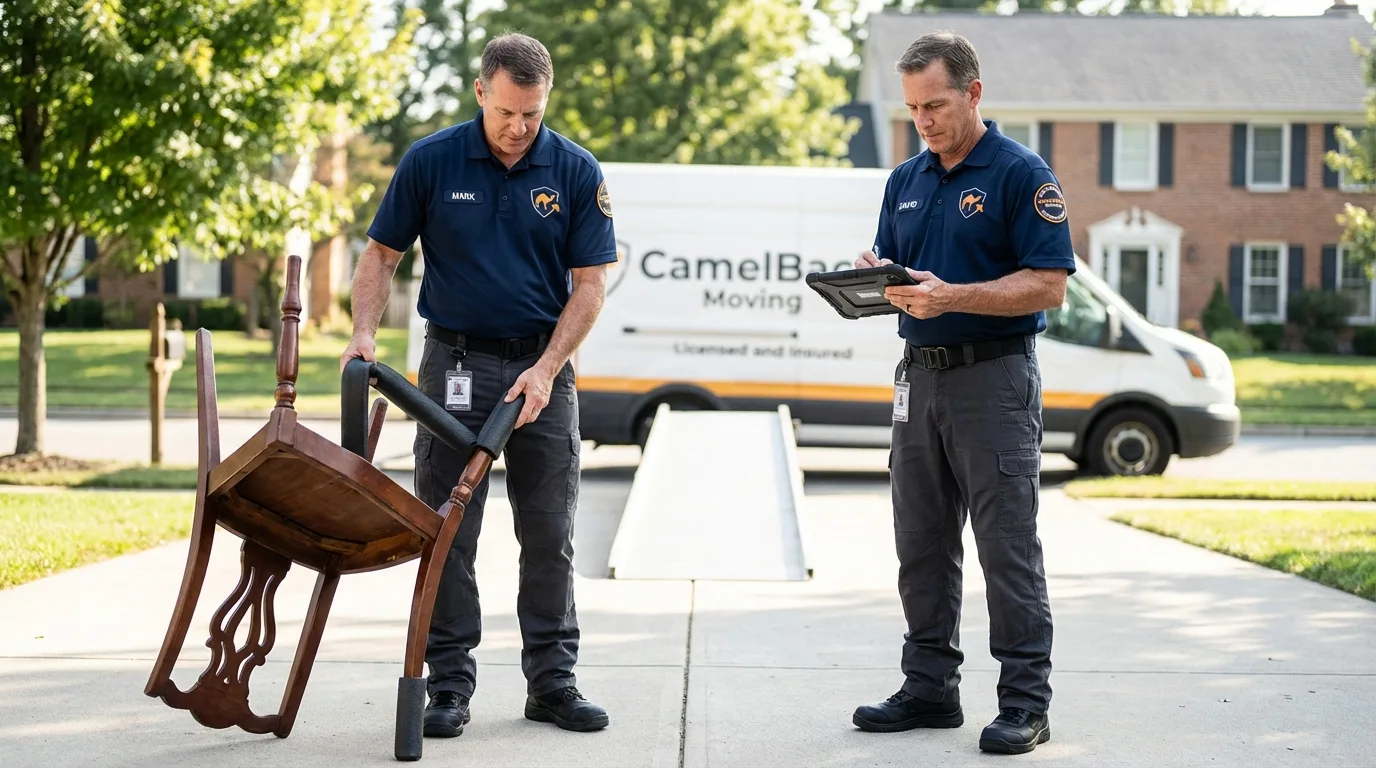 Movers inspecting furniture for damage prevention before loading in Reese, MI
