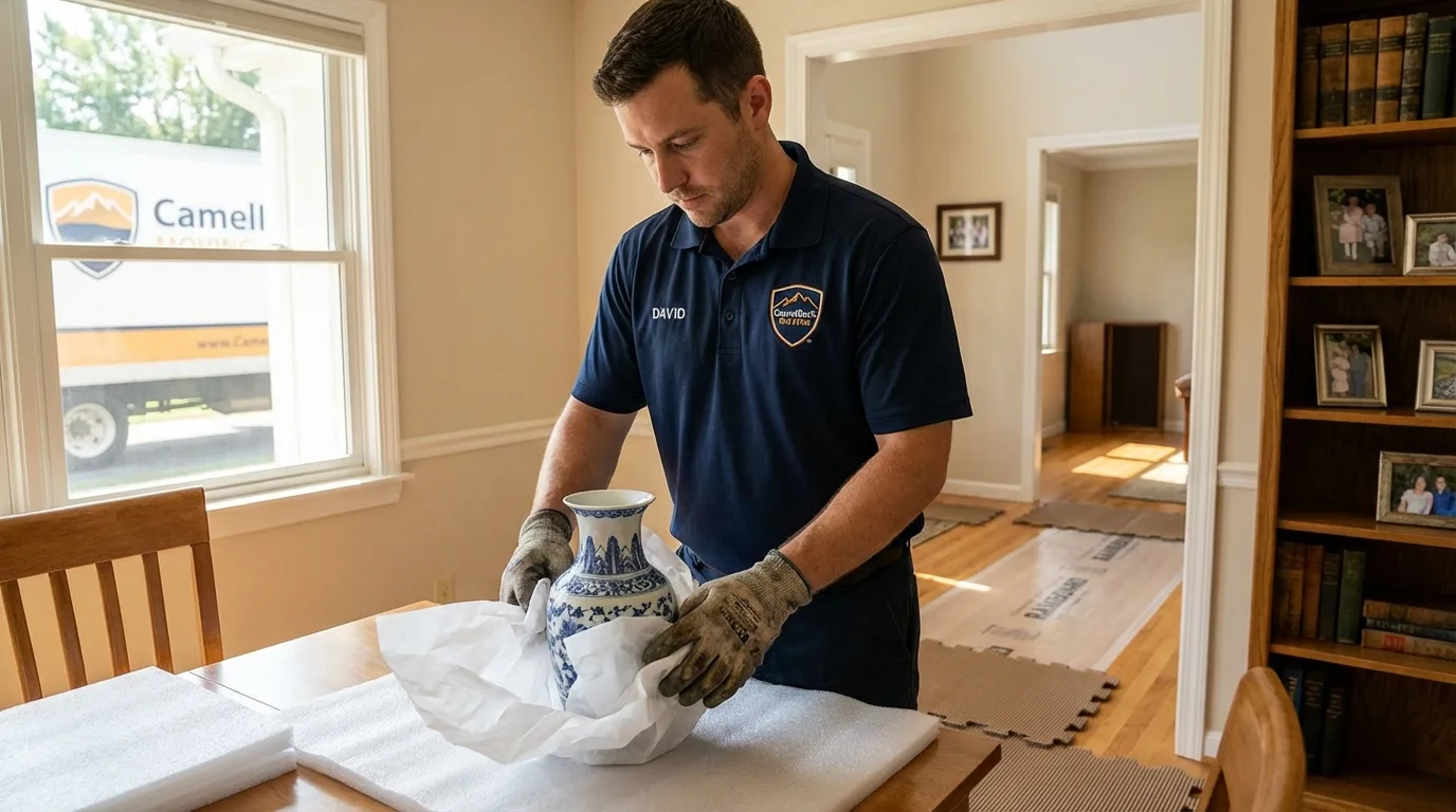 Professional crew carefully wrapping antique vase for senior downsizing move in Reese, MI